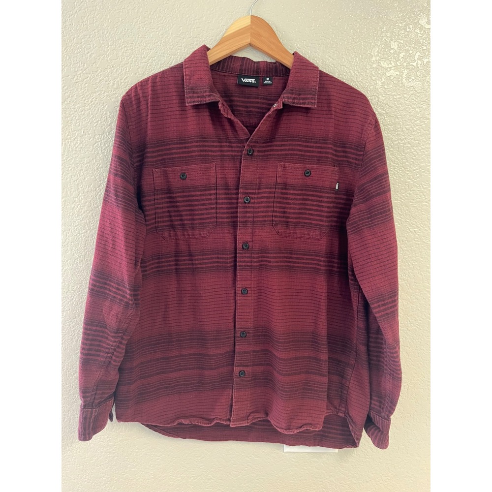 Vans Mens Burgundy Black Striped Long Sleeve Button Down Flannel Shirt Size M